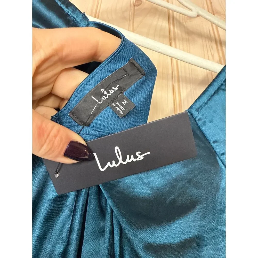 NWT Lulus Flawless Forever Teal Satin Pleated Midi Dress Bridesmaid Gala Size M
